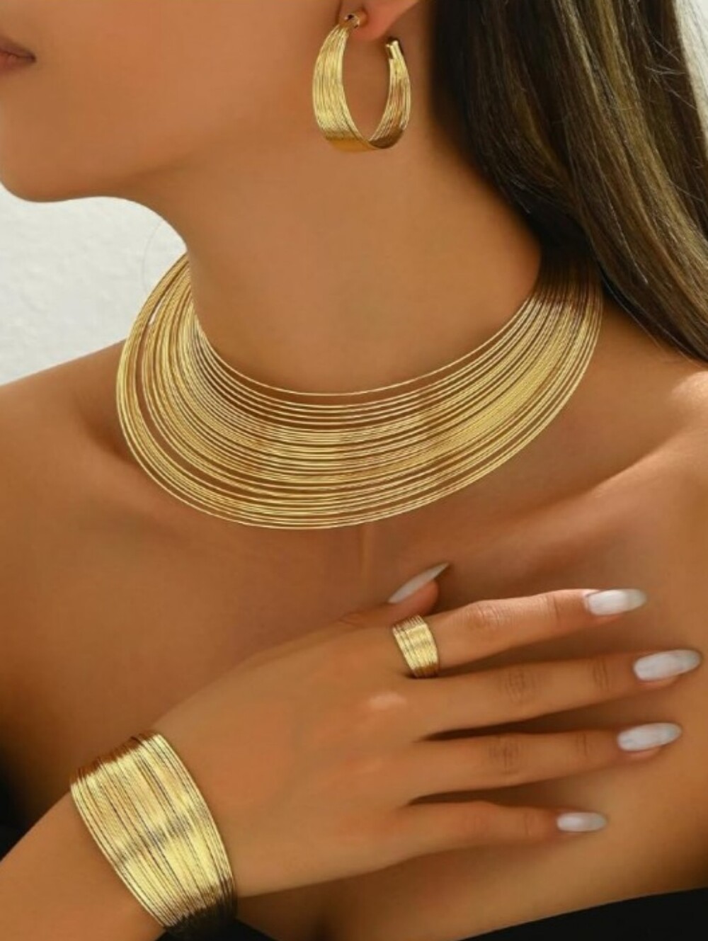 Gold Statement Jewelry Set Multi Layer Choker Necklace Hoop Earrings African